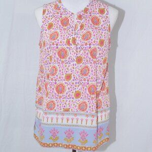 Dalia Womens Small BOHO Top Sleeveless Floral Shirt Oversized Hippie Flowy Pink